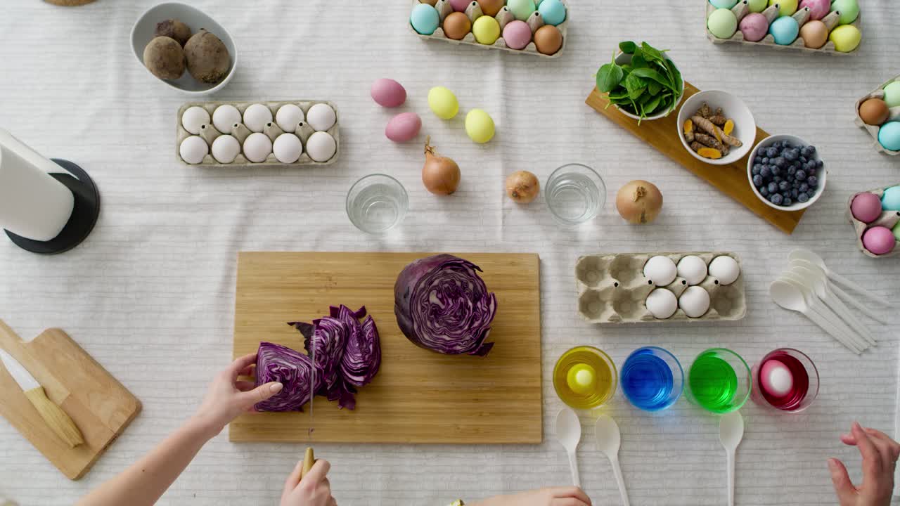 Top view video of prepare natural dyes for coloring eggs