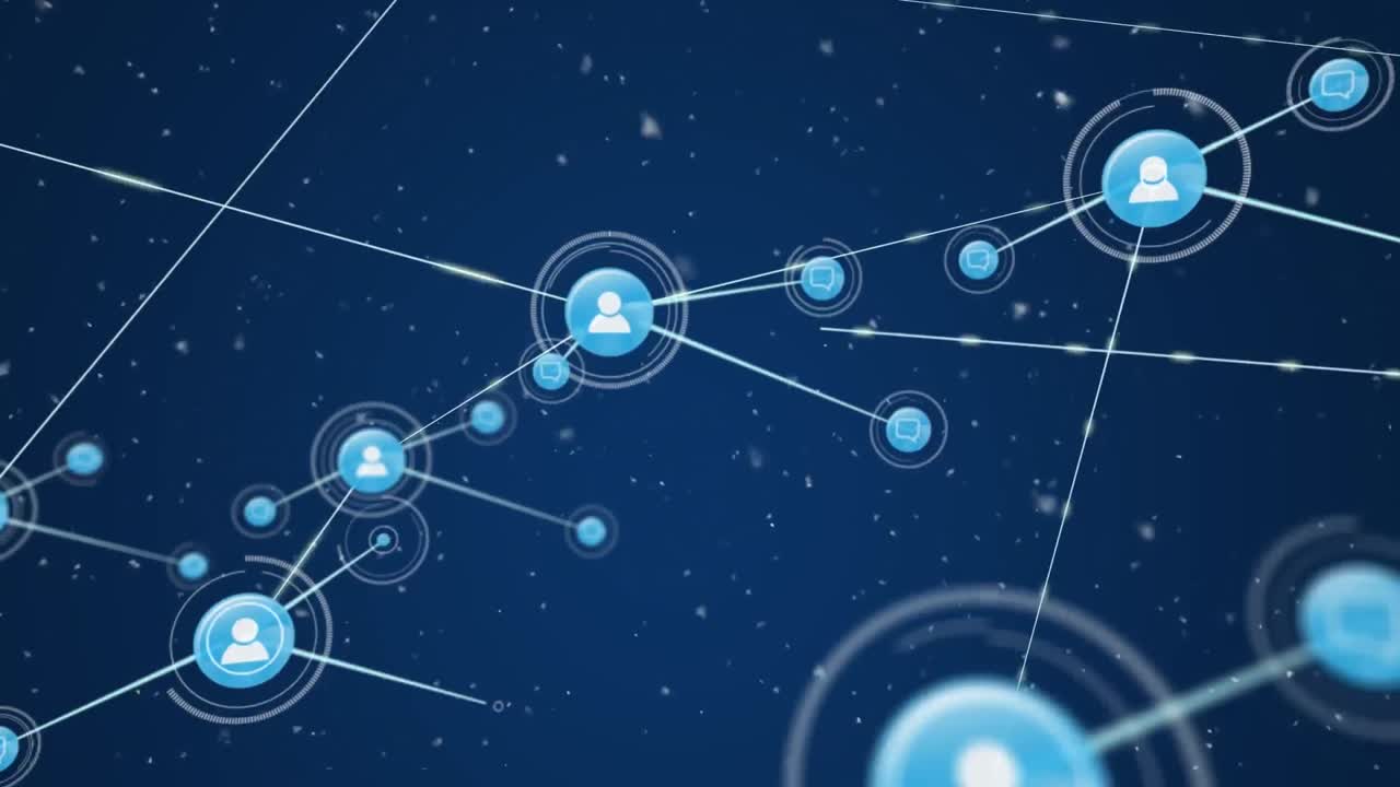 파란색 배경에 눈이 내리는 선으로 연결된 아이콘의 애니메이션