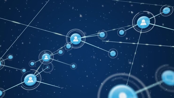 Animazione di icone connesse da linee su nevicata su sfondo blu.