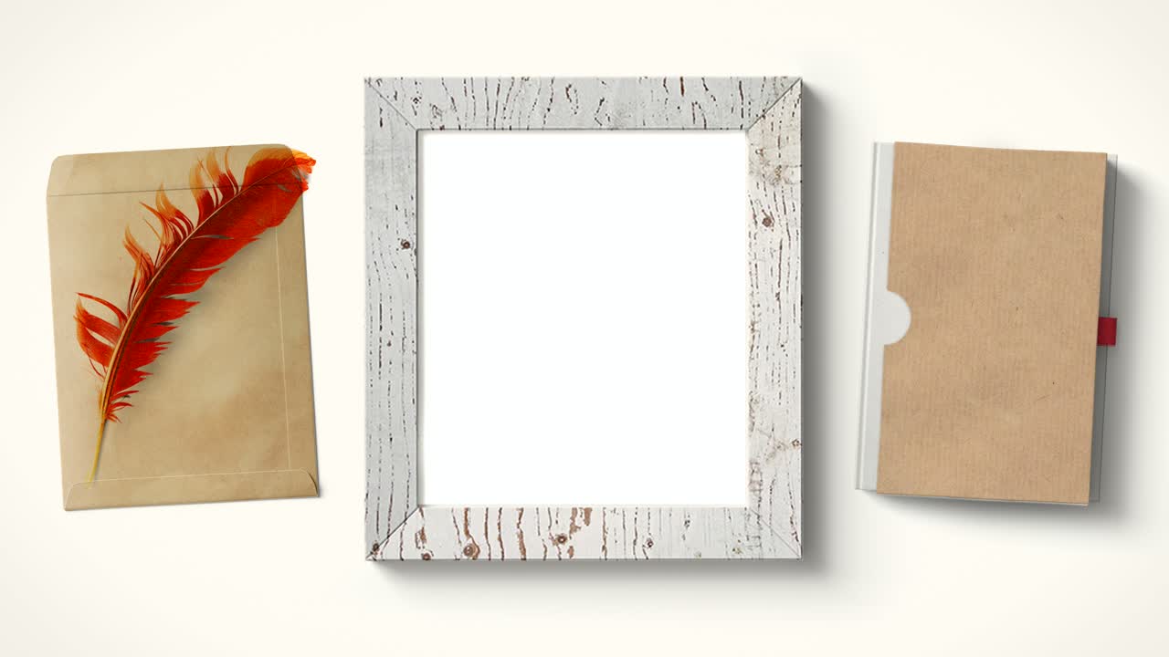 animación de escena de introducción de vista superior con marco blanco, pluma, sobre y cuaderno