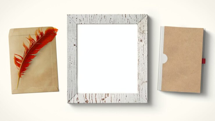 Top view intro scene animation with a white frame, feather, envelope, and notebook