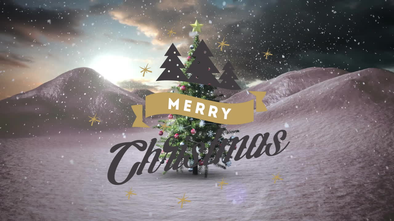 Animation of Merry Christmas text over snowy mountain with Christmas tree