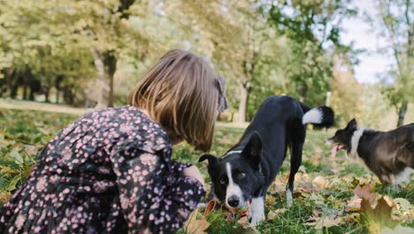 Handheld-Ansicht-Eines-Kleinen-Mädchens,-Das-Draußen-Mit-Einem-Hund-Spielt