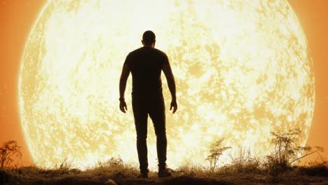 man standing in awe of a giant sun