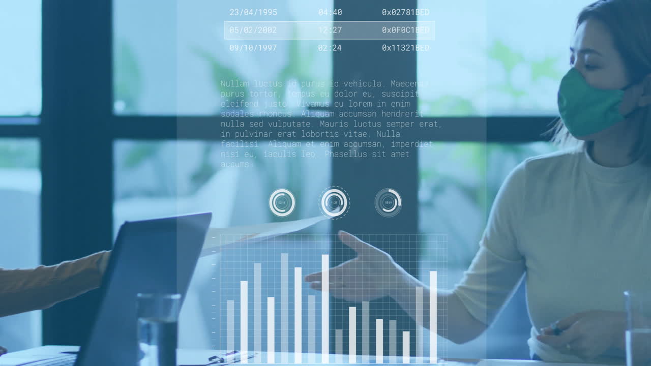 Data analytics animation over business meeting with masked professionals discussing