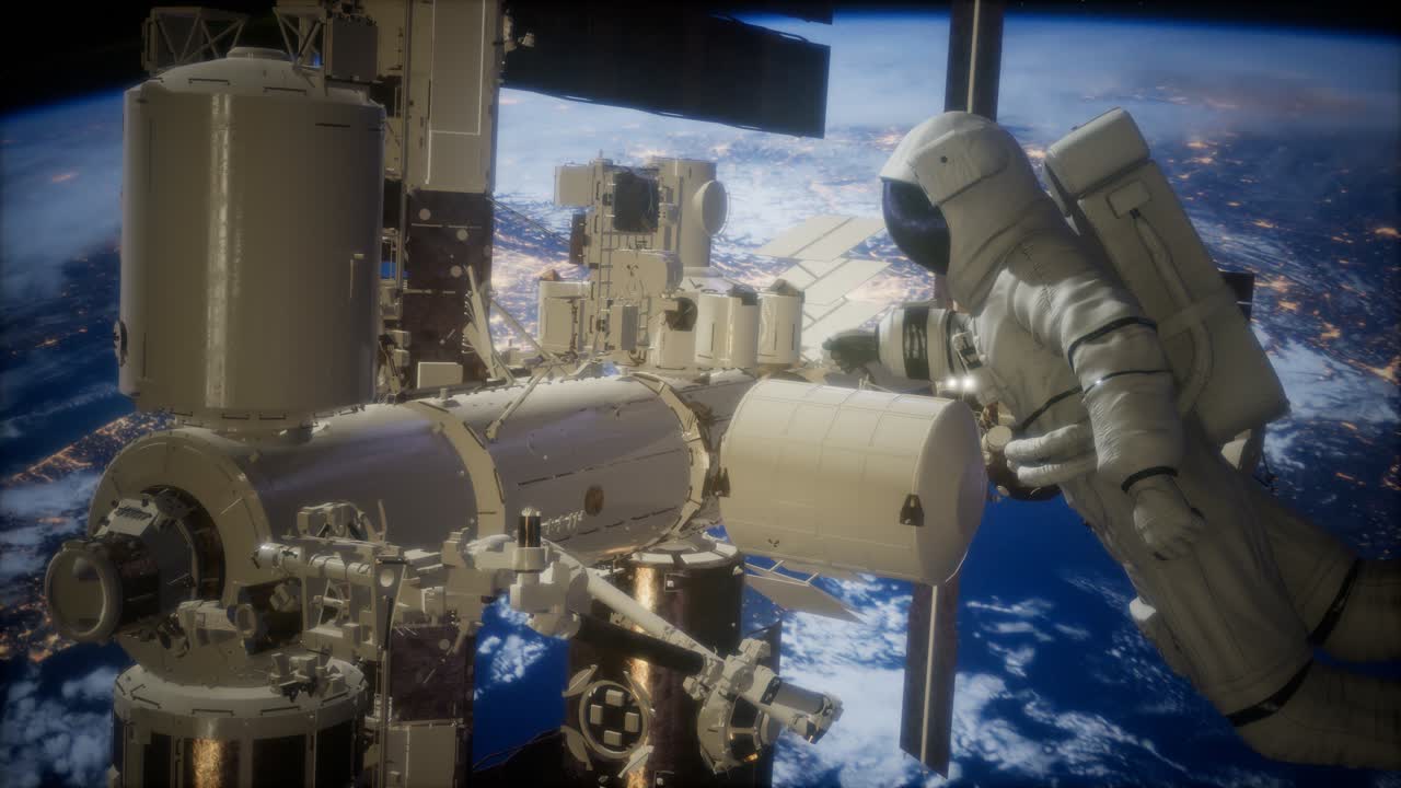 Stazione Spaziale Internazionale e astronauta nello spazio sopra il pianeta Terra