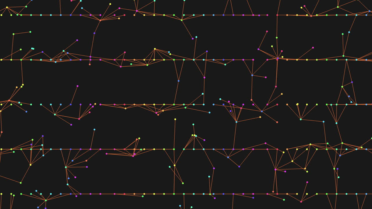 Vibrant symmetrical grid of yellow, orange, and red lines with white dots on black background
