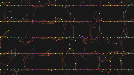 Vibrant-symmetrical-grid-of-yellow,-orange,-and-red-lines-with-white-dots-on-black-background