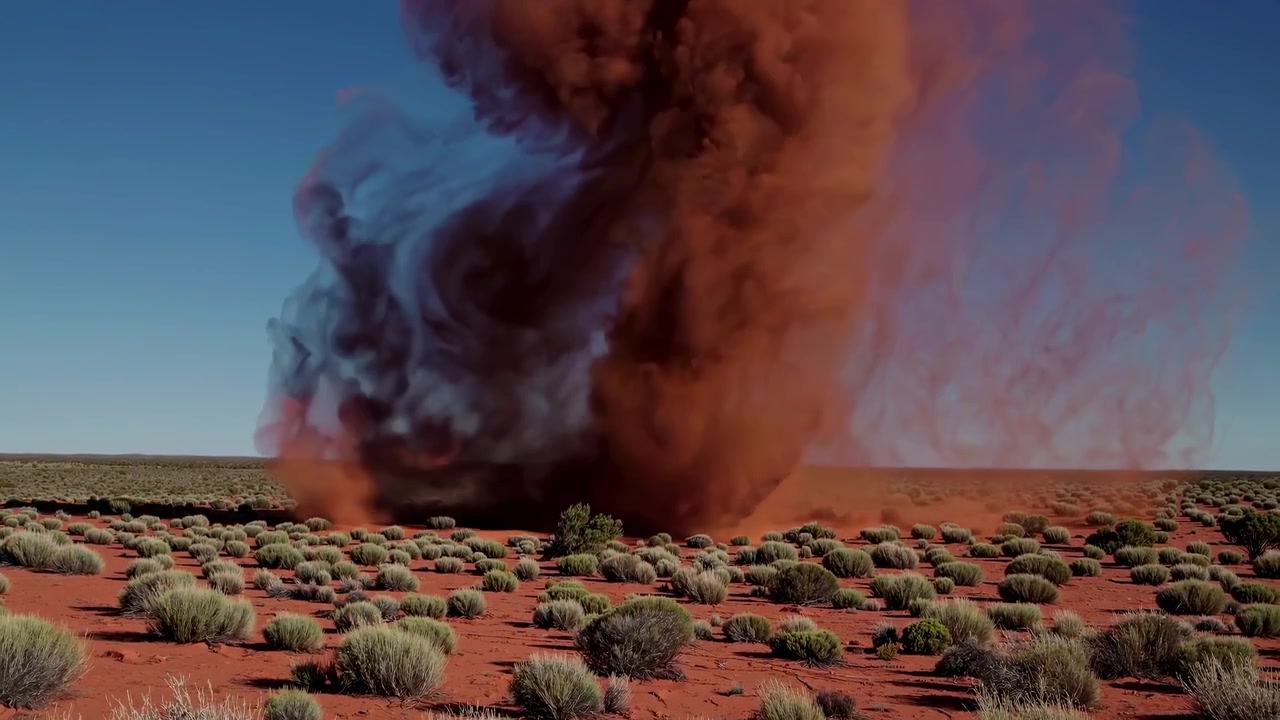 Large Dust Devil Swirling Across Red Desert Landscape