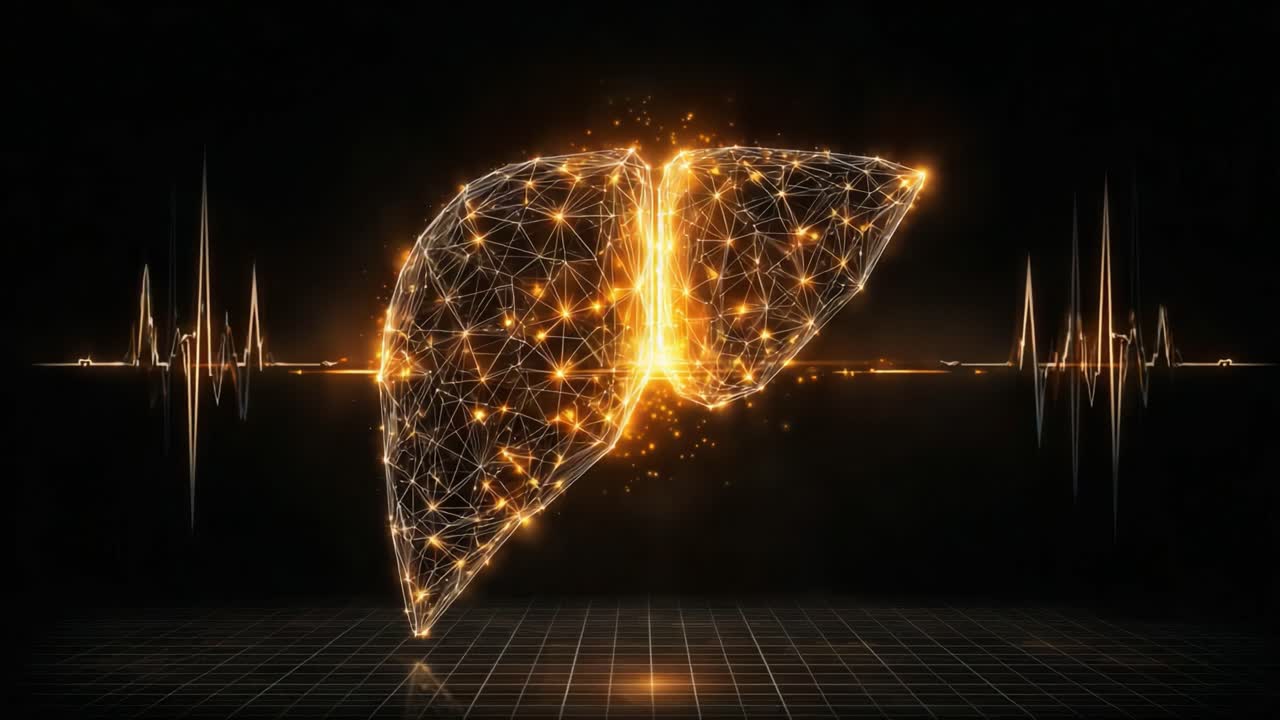 Illuminated Liver Model Showcasing Intricate Network of Connections and Pulsating Energy, Highlighting Its Vital Role in Human Health and Functionality