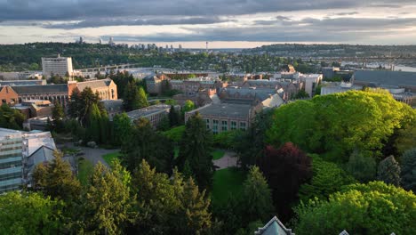 rising aerial shot over the university of washington's campus to reveal lake union and the space needle