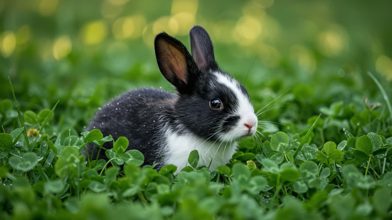 A Playful Black and White Rabbit Exploring a Lush Green Clover Field Under the Glowing Light of a Sunny Day