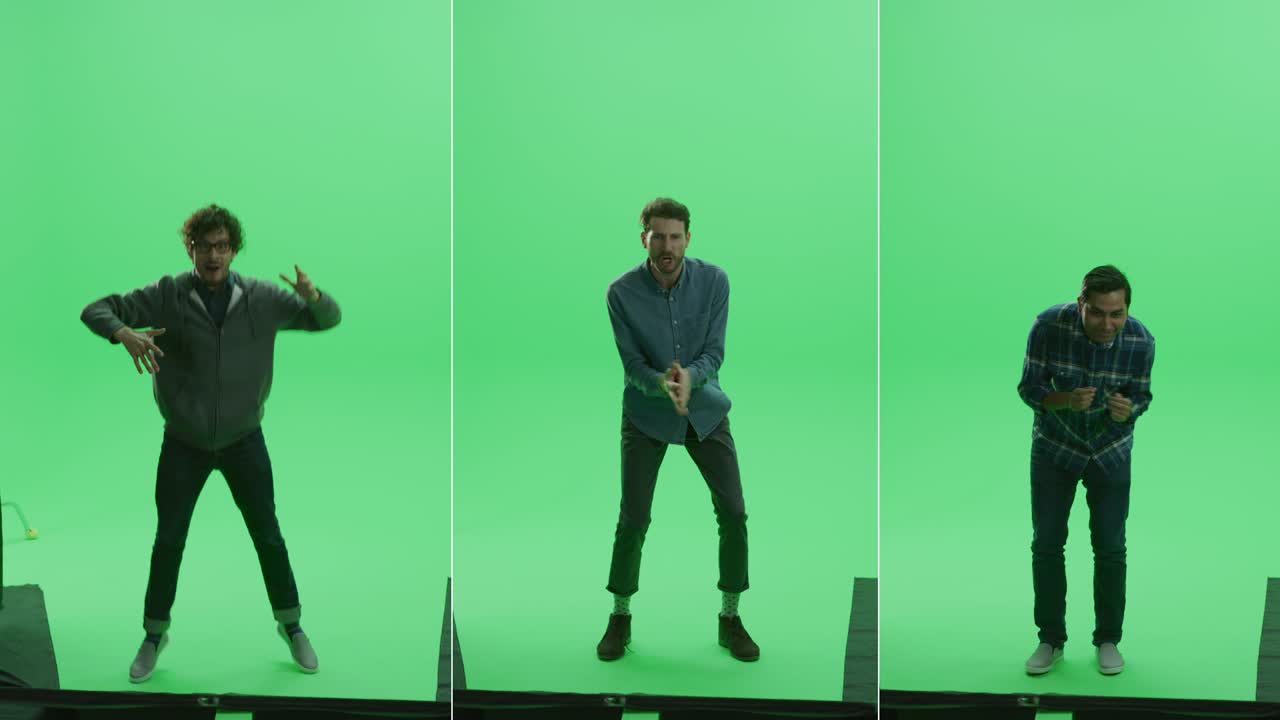 3 인 1 스플릿 그린 스크린 스튜디오: 다양한 민족의 세 남자가 스포츠 이벤트, 콘서트, 페스티벌, 파티에서 승리를 축하하고 응원하고, 춤추고, 박수를 치며 축하합니다.