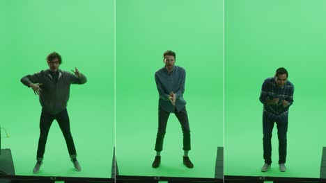 3-in-1 split green screen studio: three men of diverse ethnicity, different age cheering, dancing, applauding and celebrating victory at sport event, concert, festival, party. front view. slow motion