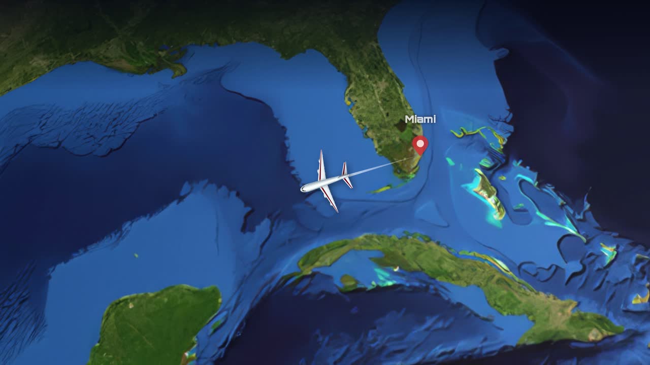 Satellite view animation tracks a commercial airplane flying from Miami across the Gulf to Mexico