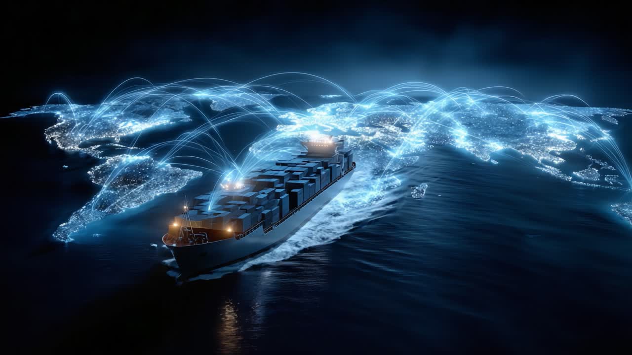 A Transcontinental Shipping Vessel Navigates Through Global Trade Routes, Illuminating Connectivity Across Oceans with Digital Networks and Data Flowing Seamlessly Around the World