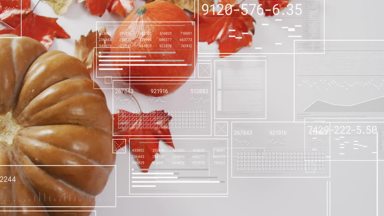 procesamiento de datos financieros animación con hojas de otoño y calabazas en el fondo