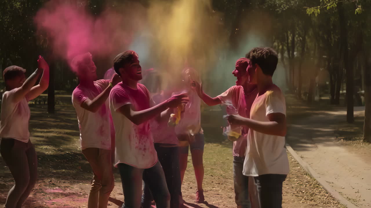 Amici che festeggiano il Festival Holi con polveri colorate in un parco