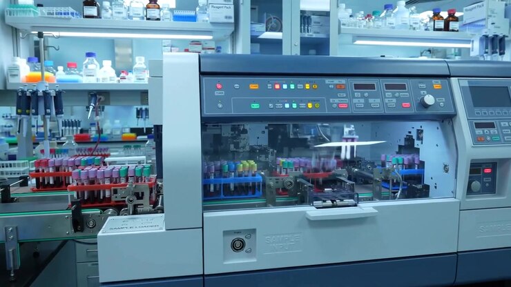 Automated Blood Analyzer Machine Processing Sample Racks in Clinical Laboratory