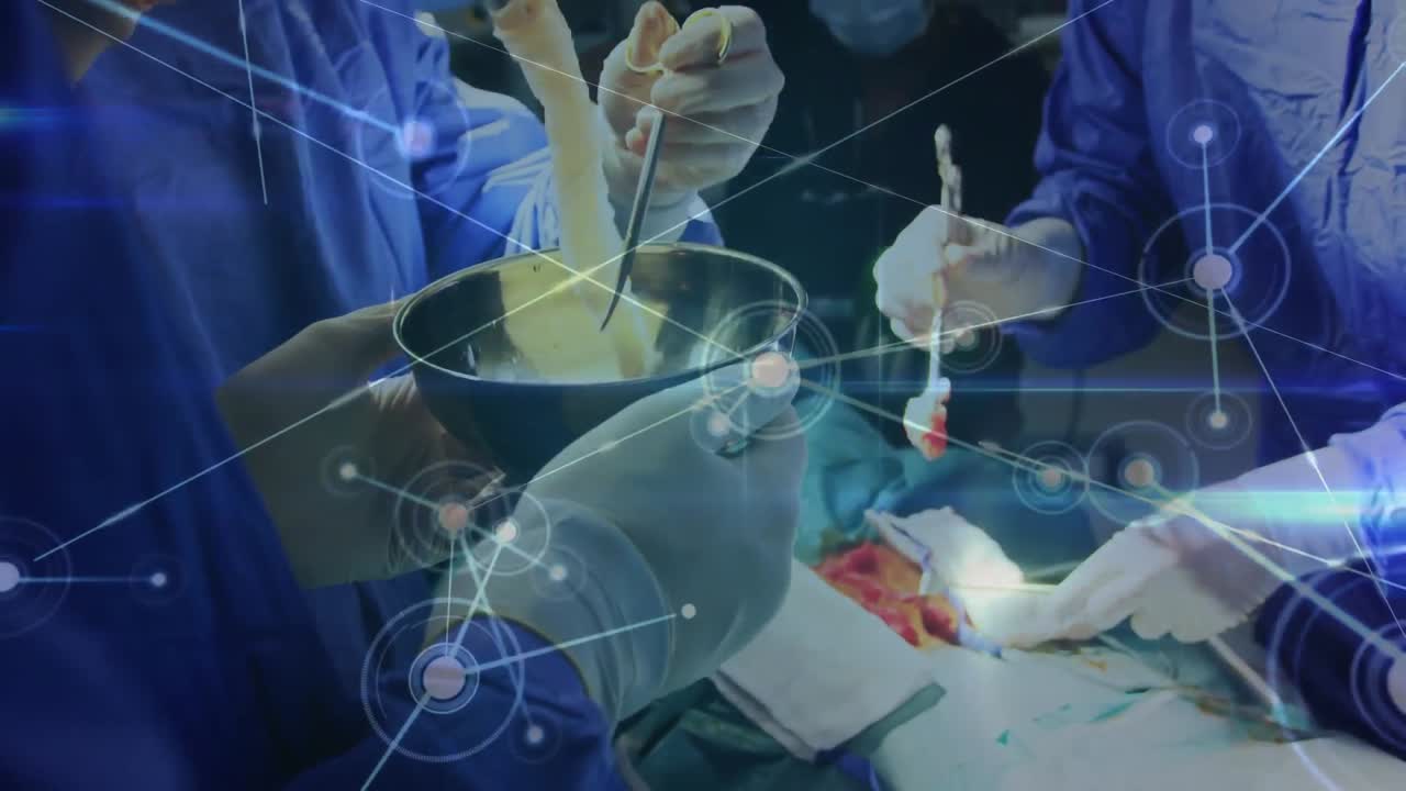 수술실의 외과 의사들 간의 연결 네트워크의 애니메이션