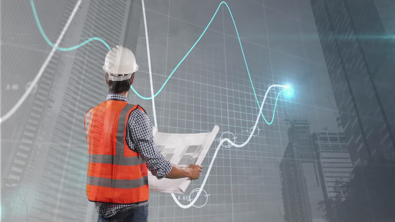 animación de diversos datos financieros y gráficos sobre la vista posterior de un ingeniero caucásico