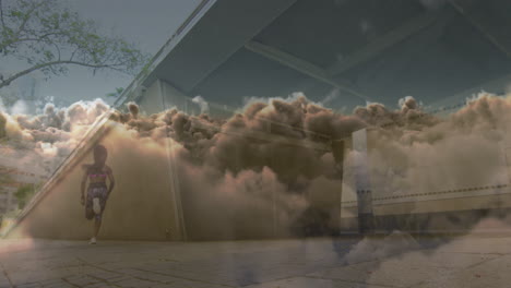 animation of clouds over african american woman running