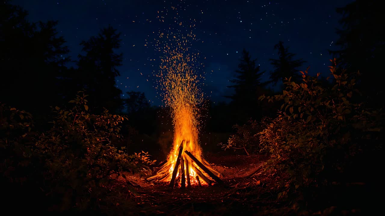 Crackling fire sending sparks as stacked logs shifting into starry sky, lighting forest clearing
