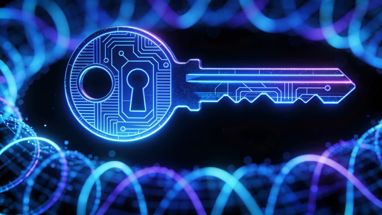 Zooming view shifting toward left head of circuit key on black field, revealing neon rings pulsing