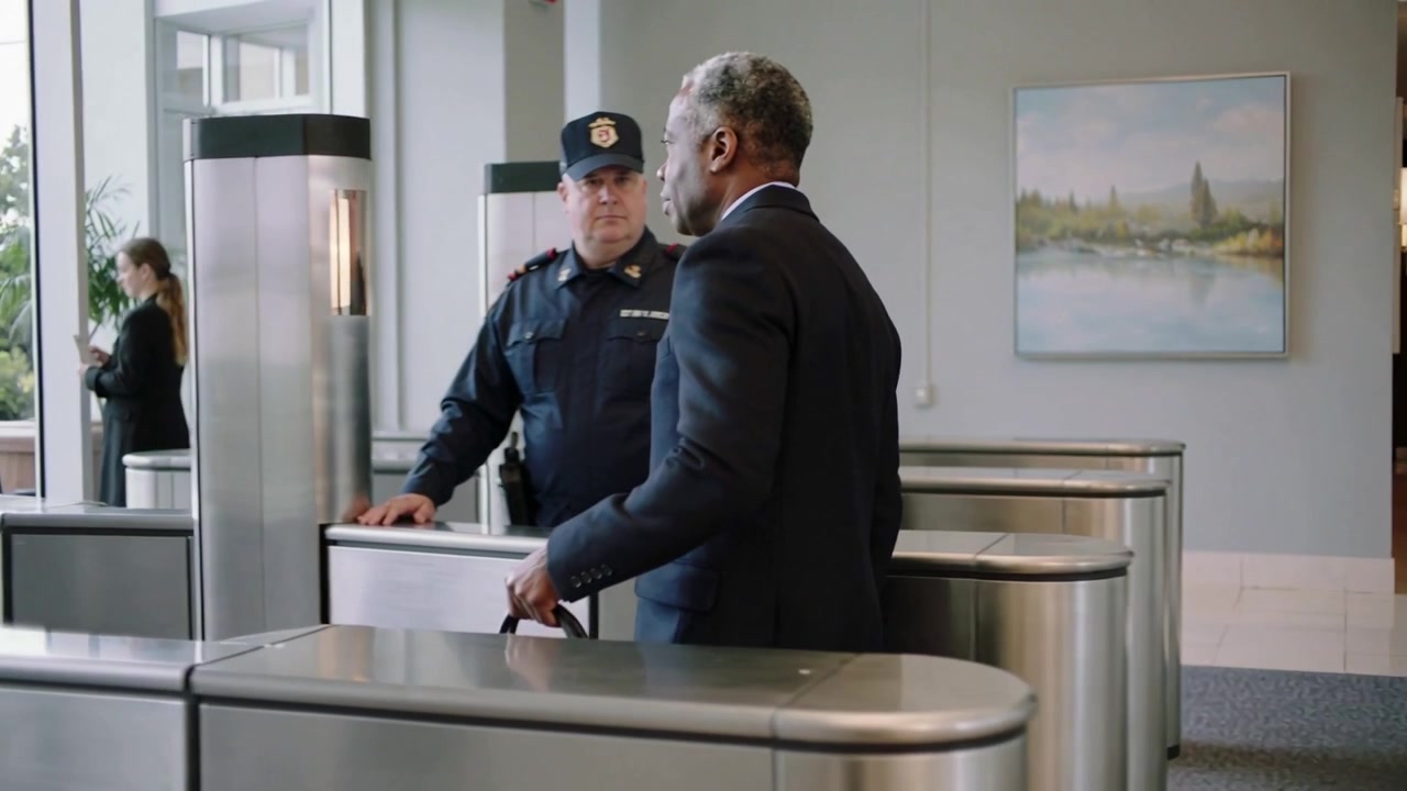 Arriving, man in dark suit adjusting briefcase to pass lobby turnstile, guard watching