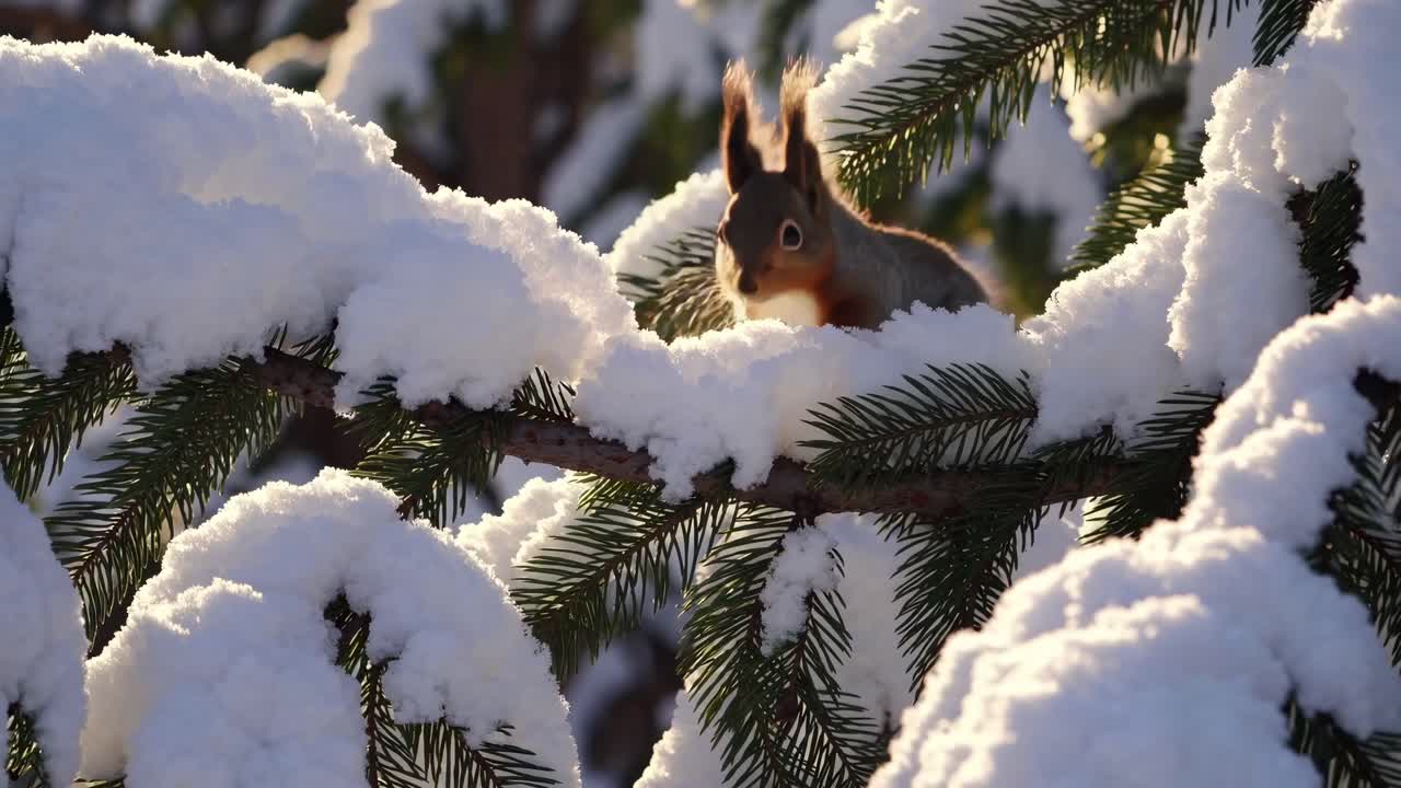A close-up video shot of a squirrel on a snow-covered branch, captured from a side angle
