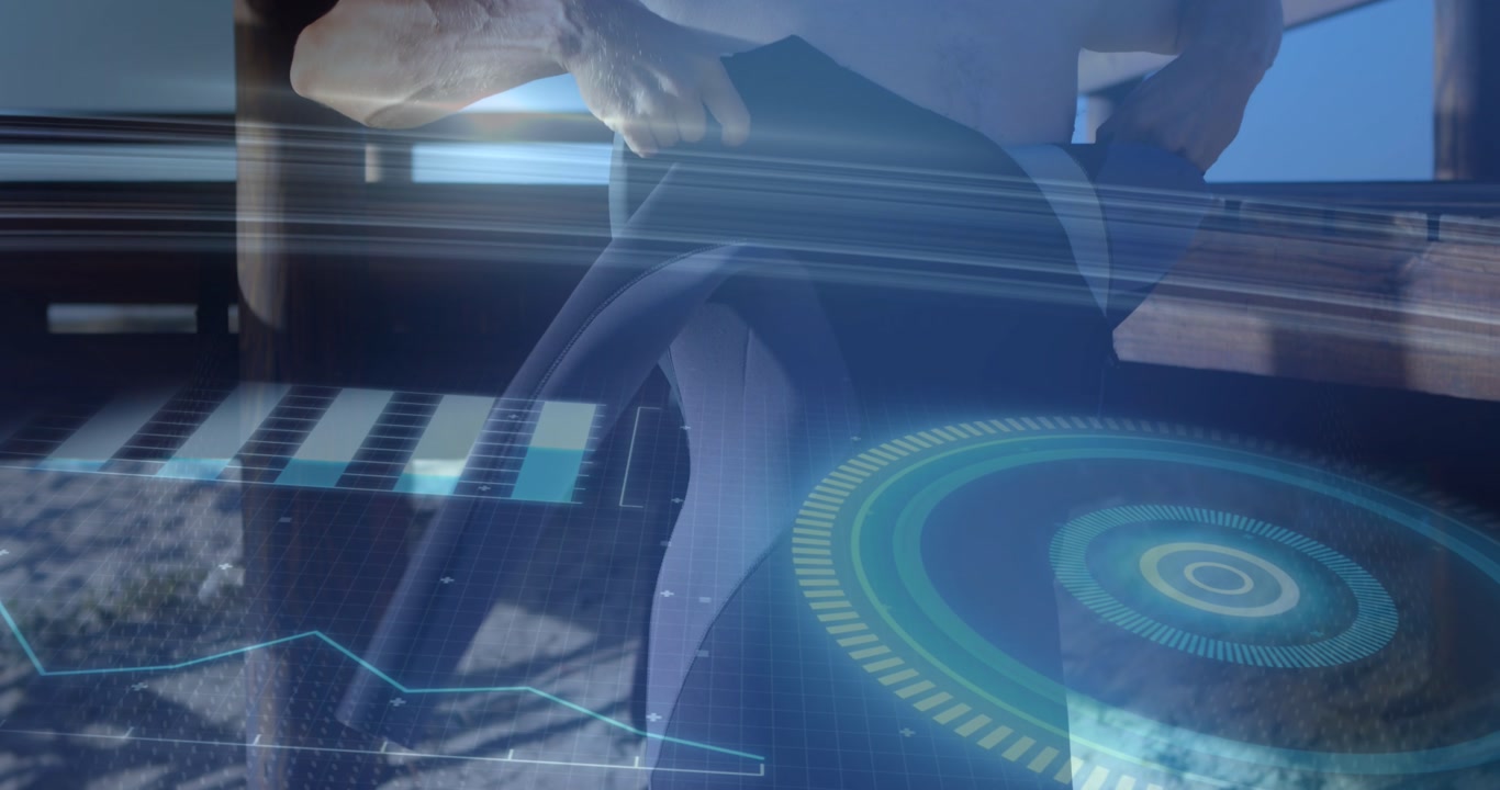 Animation of digital data processing over caucasian surfer