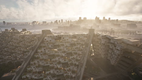 futuristic cityscape: aerial view of a massive concrete apartment complex