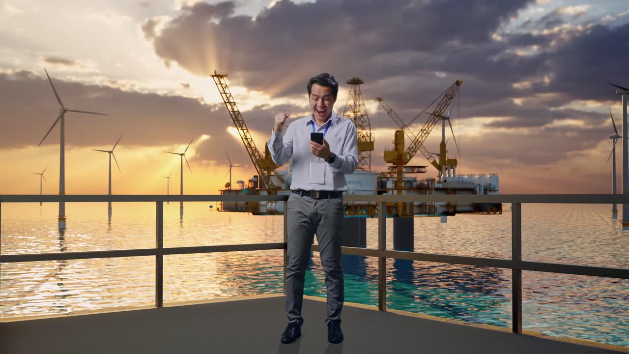 아시안 남성 직업 노동자가 스마트폰을 들고 서서 해상 수소 생산, 첨단 산업 시설, 그는 소리치는 목표로 그의 주먹을 들어 올립니다.