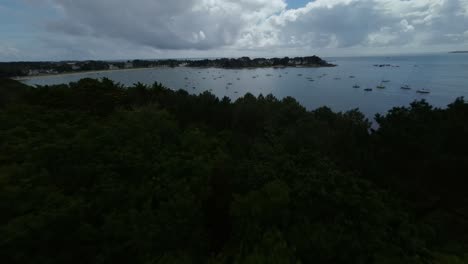 aerial view of coastal town with running track and boats