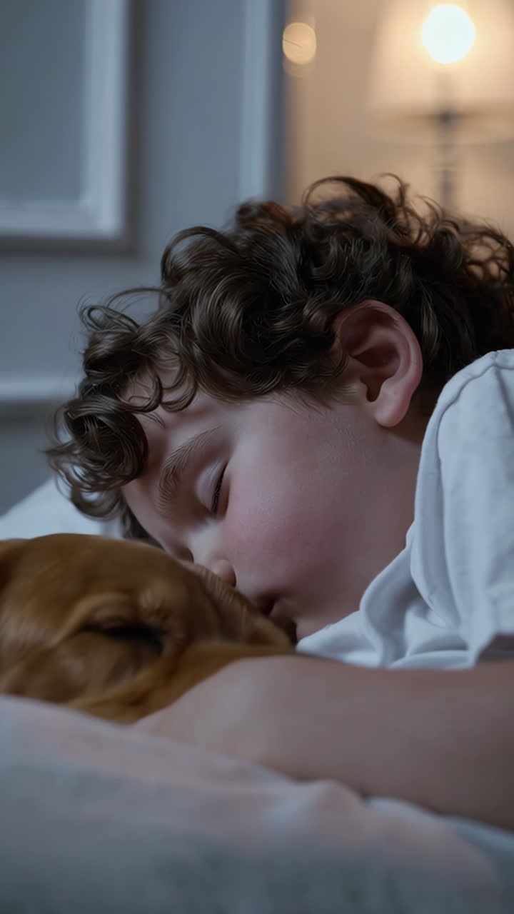 Child and dog sleeping peacefully in bed