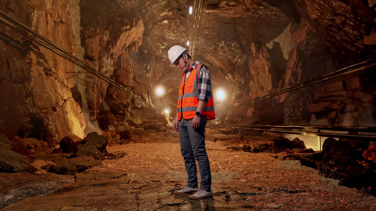 Full Body Side View Of Asian Male Engineer With Safety Helmet Having A Headache While Working In Underground Mine Tunnel