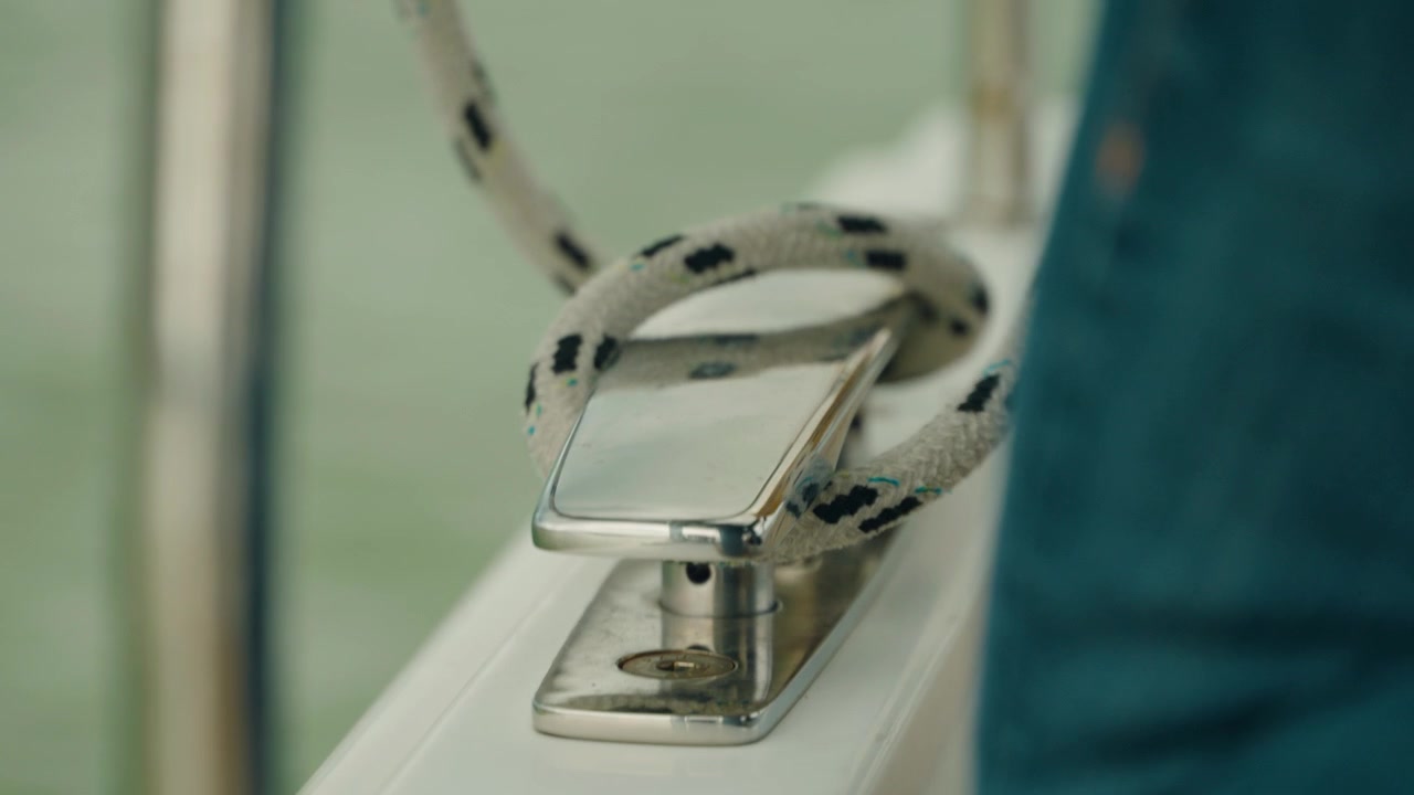 Primer plano de un marinero apretando un nudo especializado alrededor de un accesorio metálico a bordo de un velero con el Mar del Norte de fondo
