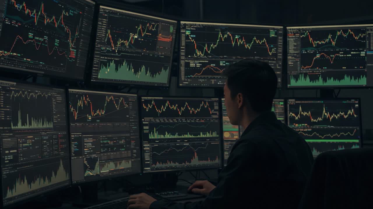 A Dedicated Analyst Examining Multiple Financial Charts and Data Displays on a Set of Monitors in a High-Tech Trading Environment