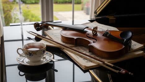 a serene moment of melody: a violin, sheet music, and a cup of tea on a polished piano surface