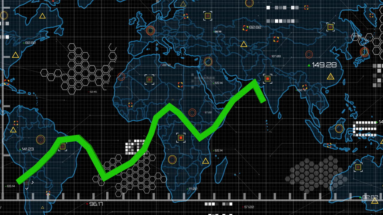 animación del procesamiento de datos estadísticos a través de la red de red contra el mapa del mundo.