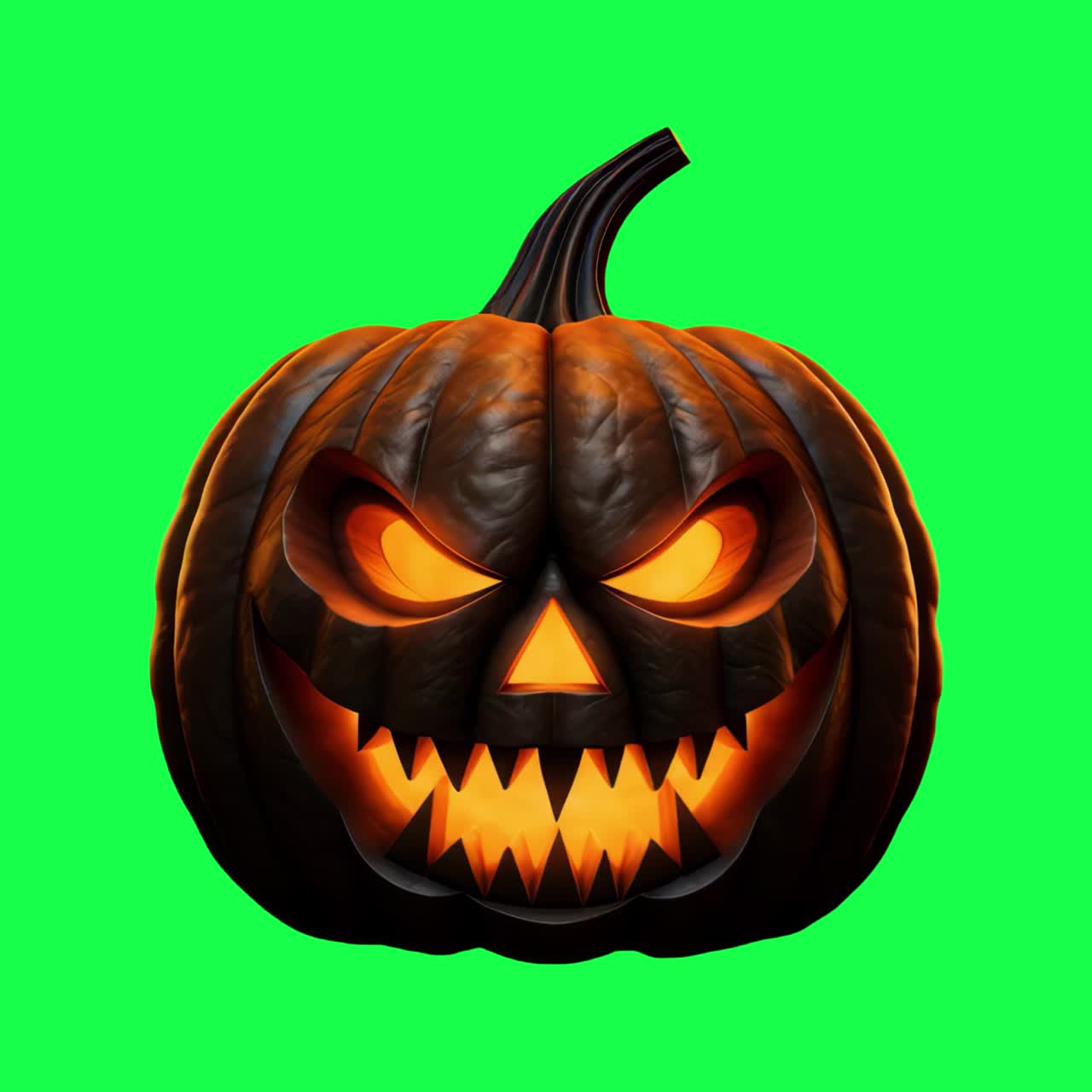Spooky carved pumpkin glowing animation, transparent 4K video, green screen
