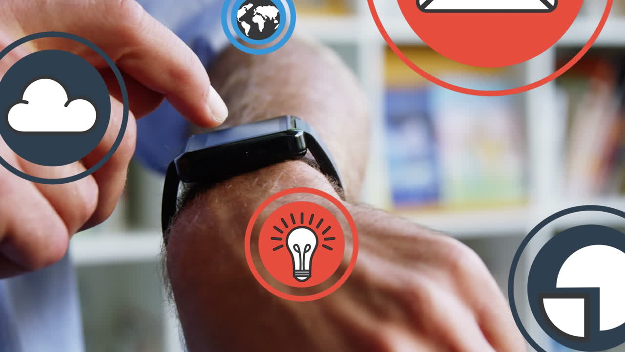 animación de iconos tecnológicos sobre las manos de un hombre caucásico comprobando un reloj inteligente