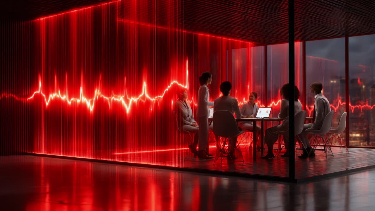 A Dynamic Meeting Space Illuminated by Red Light, Featuring a Group Engaged Around a Table, Surrounded by an Heartbeat Pulse Visualization on a Futuristic Screen
