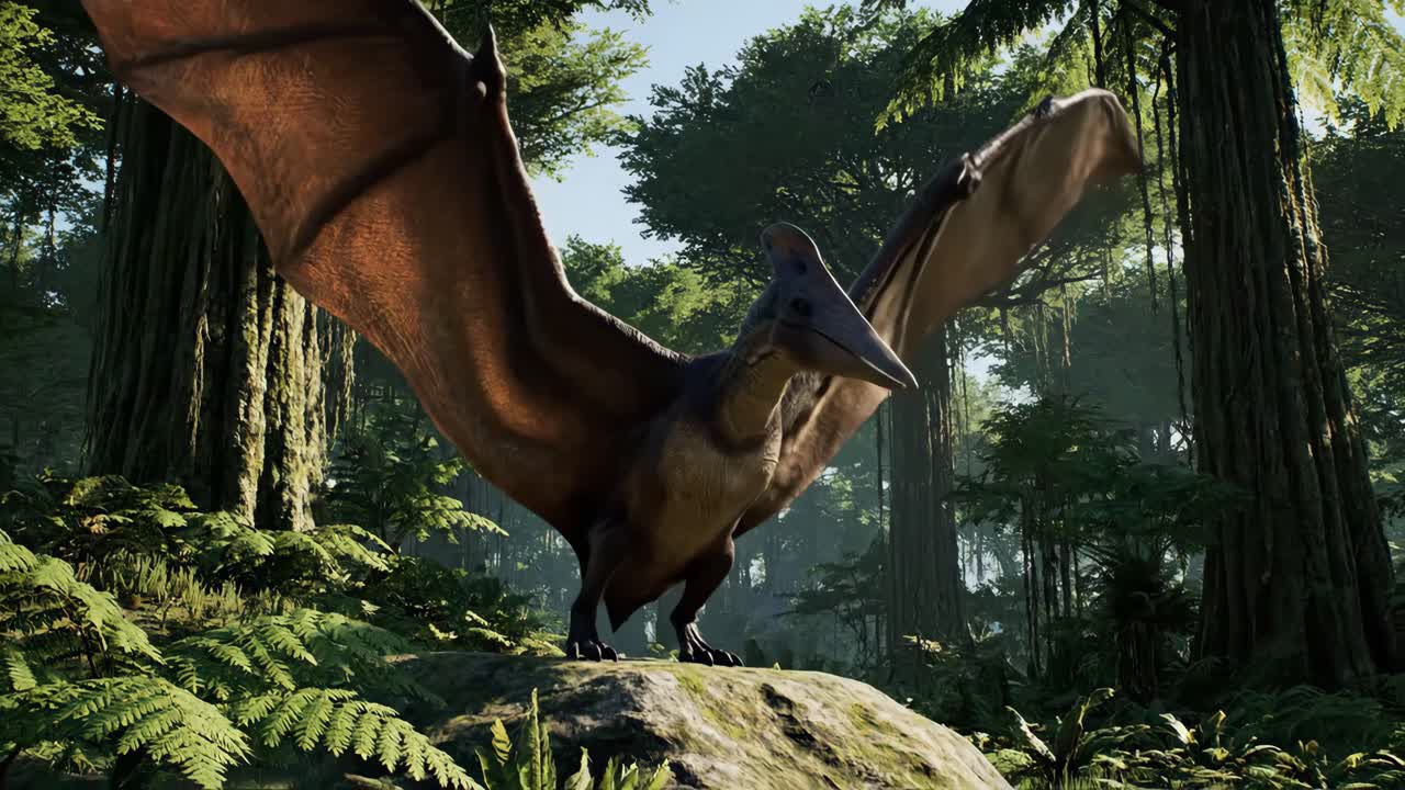 Pterodactyl flying through a prehistoric forest