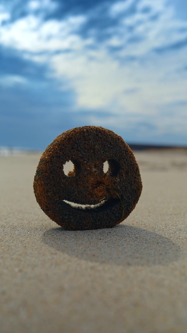 Spugna con faccina sorridente su una spiaggia sabbiosa a New York. Primo piano di un oggetto rotondo poroso con una faccina sorridente intagliata sulla sabbia sotto un cielo nuvoloso sulla costa atlantica