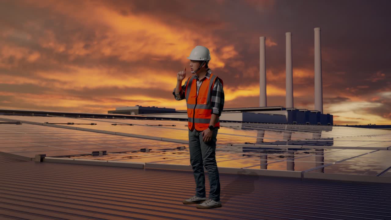 Full Body Side View Of Angry Asian Male Engineer With Safety Helmet Shouting At Someone While Standing, Inspecting Solar Panels on Rooftop at Sunset