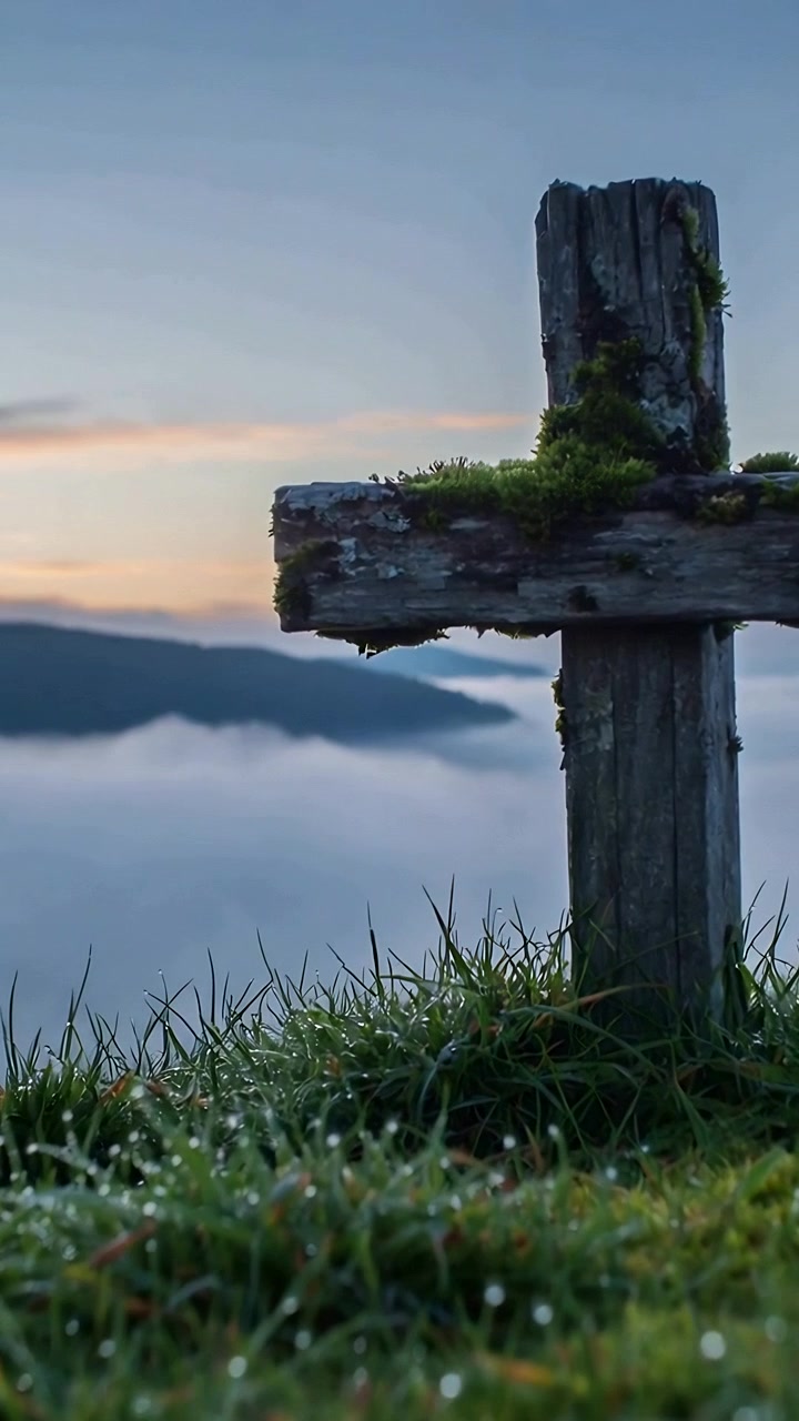 Video verticale: Alba che riscalda una croce di legno che si erge su una collina, catturando rugiada e nebbia, spazio per il testo.