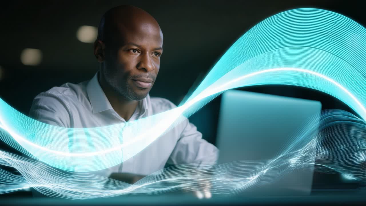 Focused Professional Working on a Laptop with Dynamic Light Effects: An Insight into Concentration and Creative Thinking in a Modern Workspace Environment
