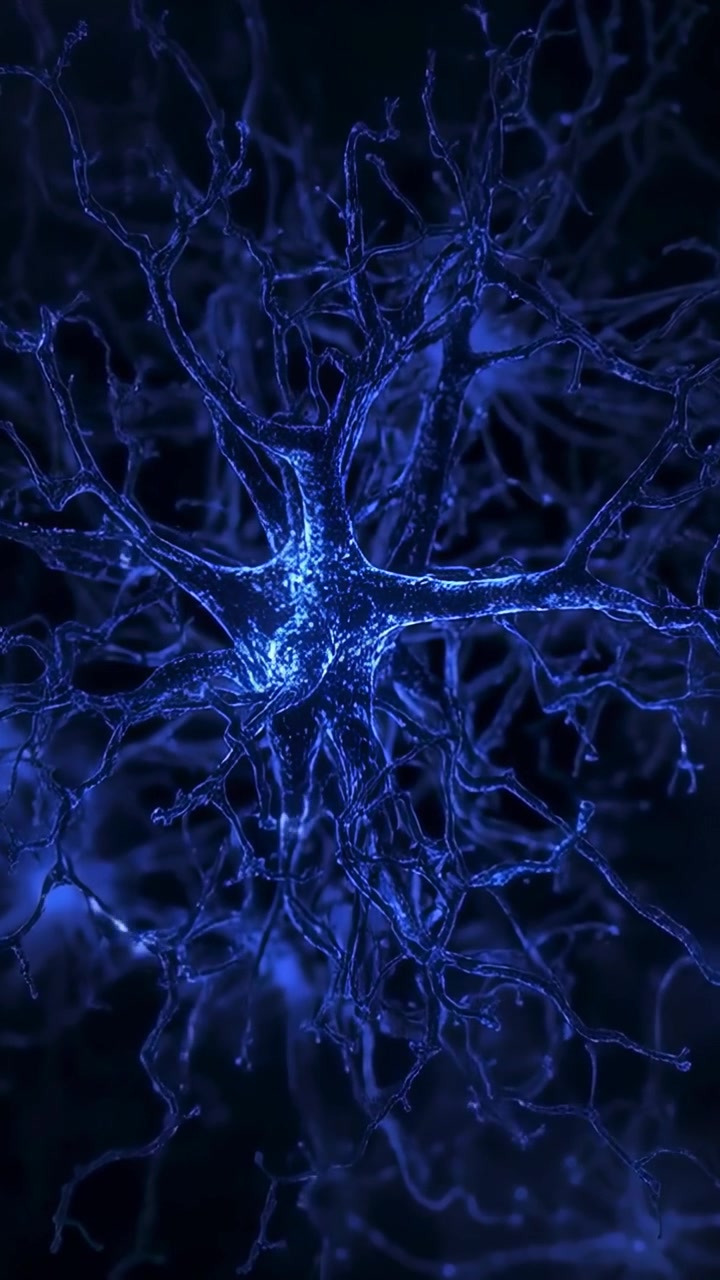 Vertical video: Brightening neuron soma reacting to incoming packets in lab, with glowing dendrites