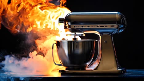 a kitchenaid mixer with flames coming out of it